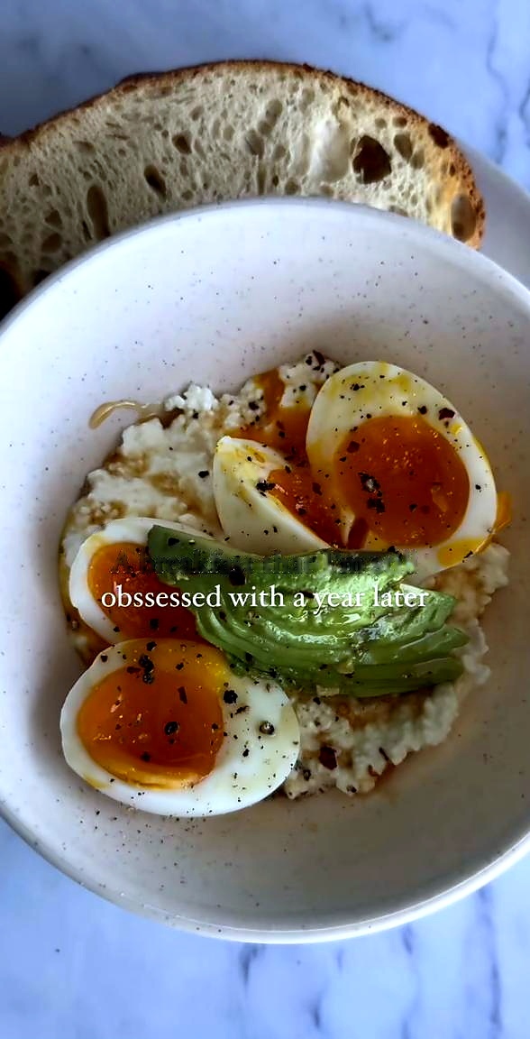 Jammy eggs served over cottage cheese